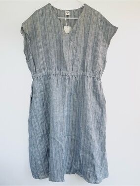 LINTICO Women’s Linen Striped ARIA Midi Dress Glacier Stripe NWT Blue/White XXL